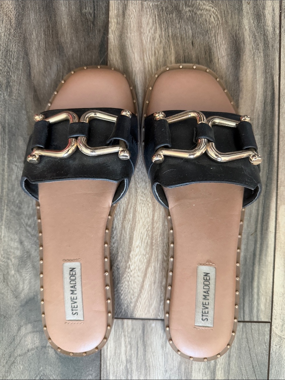 Steve Madden Black and Tan Slide Sandals with Gold Link Detail